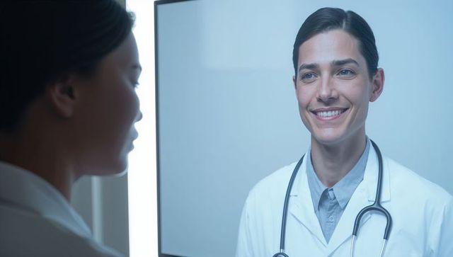 Smiling female physician on monitor consulting patient via telemedicine with stethoscope