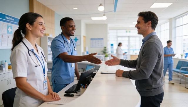 Friendly medical reception staff greeting patient with handshake at clinic front desk