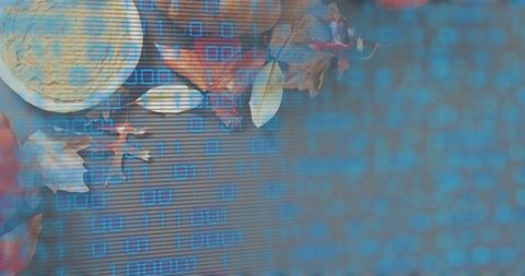 Autumn coffee flatlay featuring frothy ceramic cup, dried leaves and blue binary overlay