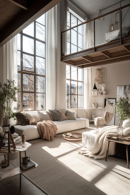 Modern loft living room with large windows allowing ample natural light to flood the space. Features a cozy white sofa, soft throws, and minimalistic decor against the backdrop of industrial design elements like exposed beams and high ceilings. Ideal for illustrating modern urban living, stylish home interiors, and comfortable, serene living environments.