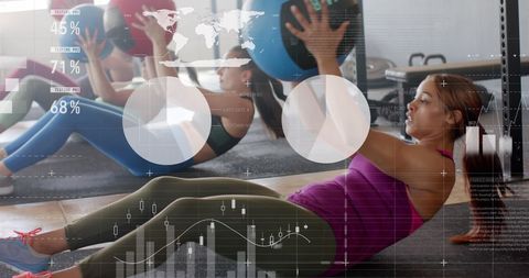 Women Cross Training with Medicine Balls and Digital Data Overlay