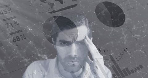 Businessman Hadache Surrounded by Data Analytics and Network Graphs