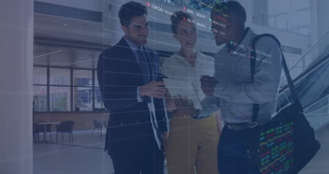 Diverse Business Team Discussing Financial Data with Overlays