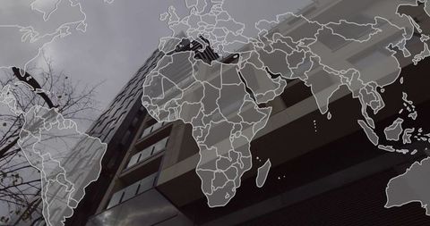 Modern Cityscape with Digital World Map Overlay