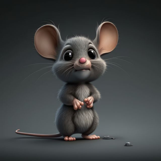 Cartoon mouse with big round eyes, whiskers, and big ears, standing against gray background. Useful for children's books, animations, character designs, educational materials, and promotional graphics related to animals and wildlife.
