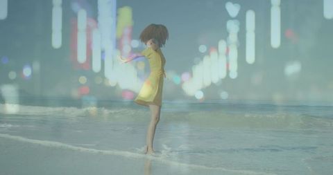 Dreamlike woman walking barefoot on beach in yellow dress with city bokeh overlay