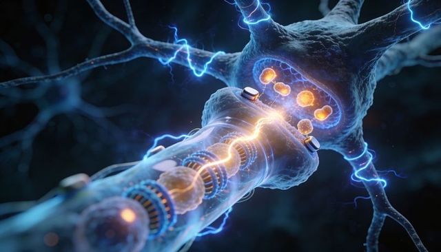 Translucent axon firing action potential with glowing vesicles at synapse 3d render