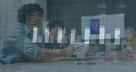 Team collaborating and analyzing metrics with interactive bar chart overlay in boardroom