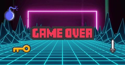 Retro neon grid game over banner featuring pixel bomb, key, sword over wireframe mountains