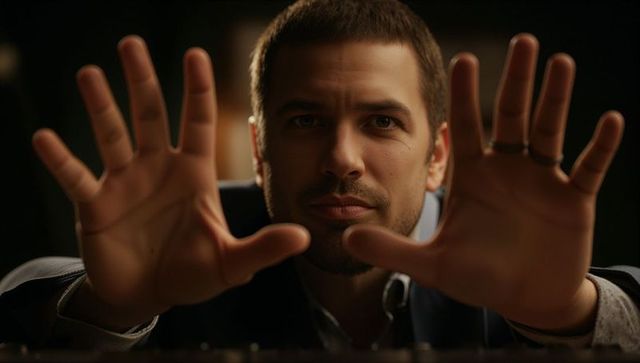 Intimate cinematic closeup of man reaching forward with open hands and rings