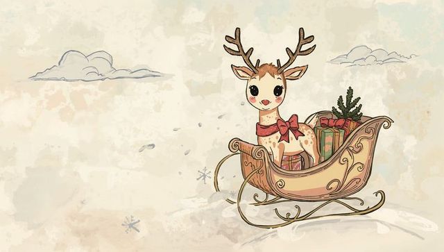 Adorable Reindeer Sitting in Ornate Sleigh with Wrapped Gifts and Mini Evergreen for Holiday Use