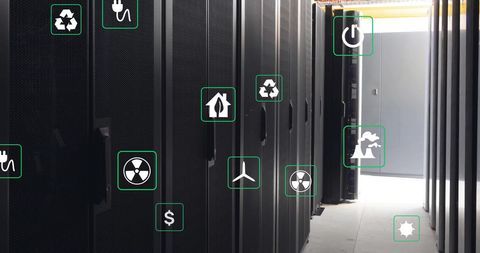 Ecology Icons Overlaying Modern Server Room Concept