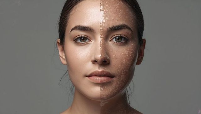Split-face beauty contrast showing smooth skin versus cracked texture for skincare