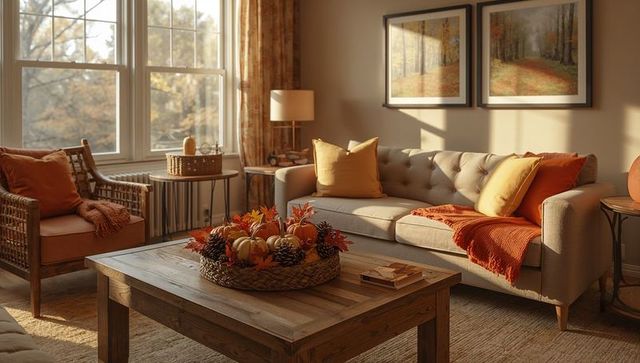 Autumn living room with pumpkin centerpiece on rustic wooden coffee table