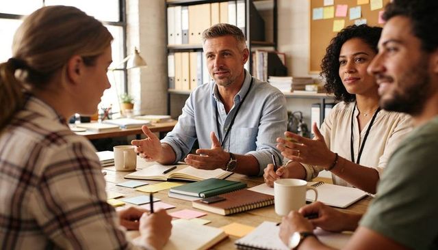 Creative team discussing strategy around table, brainstorming session in modern office