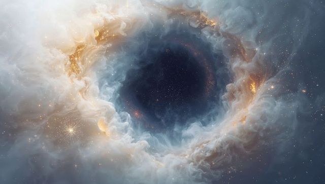 Ethereal Ring Nebula Forming Luminous Cosmic Void with Golden Filaments and Star Clouds