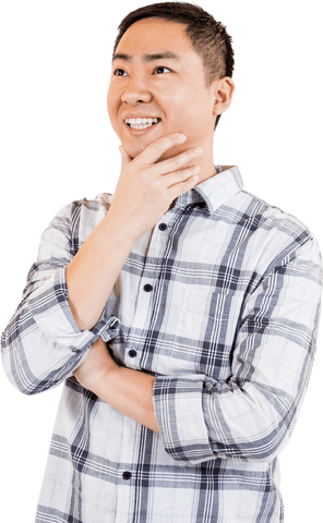 Smiling Asian Male Pondering with Hand on Chin Transparent Background - Download Free Stock Videos Pikwizard.com