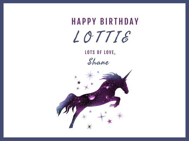 Ideal for personalized birthday greetings, this vibrant unicorn design is perfect for those who appreciate magical and fantasy themes. Great for sending birthday wishes to unicorn enthusiasts or using as inspiration for fantasy-themed events.