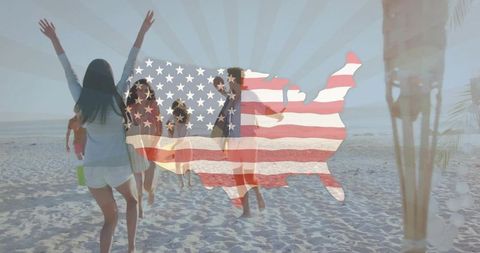 Friends running on sunny beach with usa flag overlay celebrating summer freedom and patriotism
