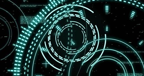 Futuristic HUD Interface with Rotating Concentric Rings and Neon Turquoise Display
