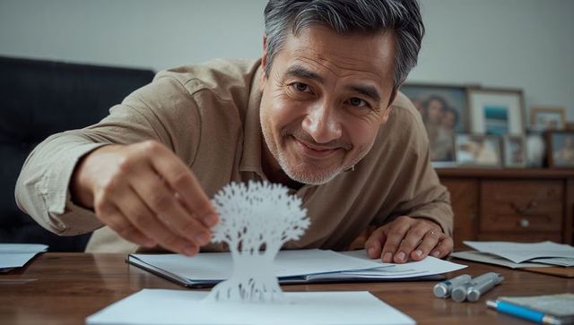 Middle-aged man crafting intricate paper pop-up tree on wooden desk, diy papercraft hobby