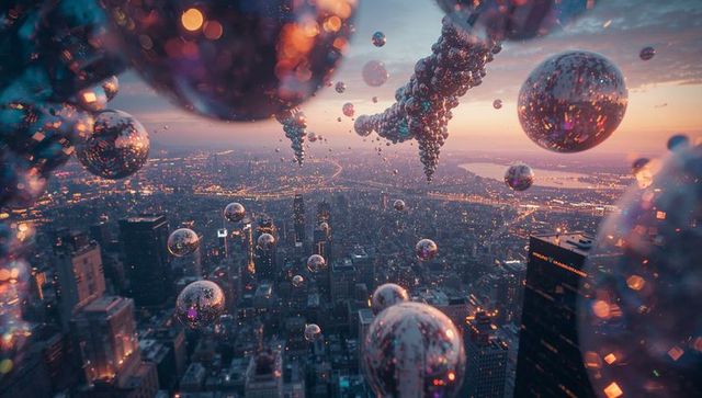 Futuristic Urban Spheres Gliding Above City Sunset Skyline