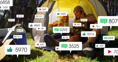 Campsite Leisure with Social Interaction Icons Overlay