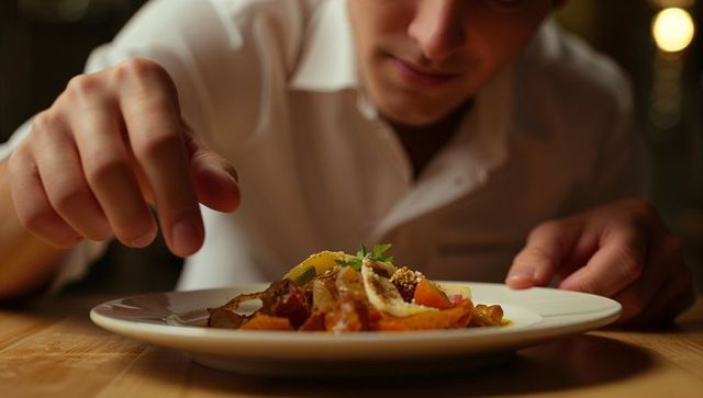 Chef garnishing gourmet citrus-herb dish while plating restaurant cuisine at wooden counter