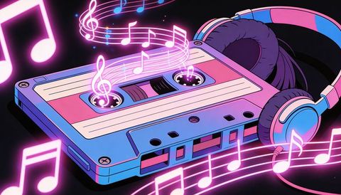 Neon retro cassette and headphones emitting glowing music notes synthwave pastel