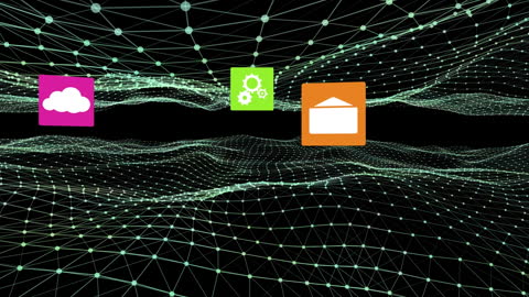 Dynamic Digital Interface with Tech Icons and Network Waves