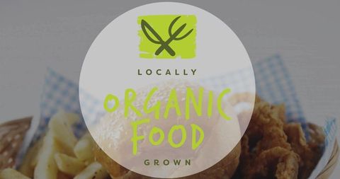 Locally grown organic food branding showing frosted circle overlay with burger fries