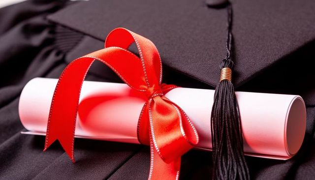 Graduation diploma with red ribbon resting on black mortarboard and tassel