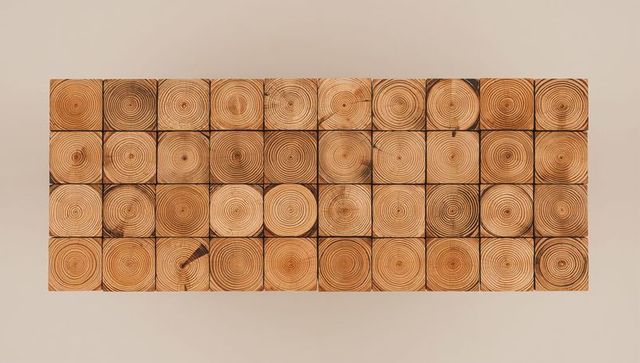 End-grain wood block grid revealing concentric growth rings and natural knots