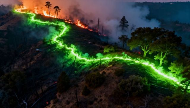 Neon green fireline snaking down twilight ridge during wildfire containment