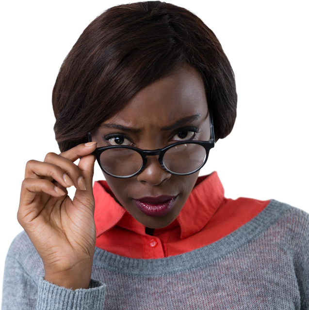 Young woman adjusting eyeglasses, looking focused in transparent background - Download Free Stock Videos Pikwizard.com