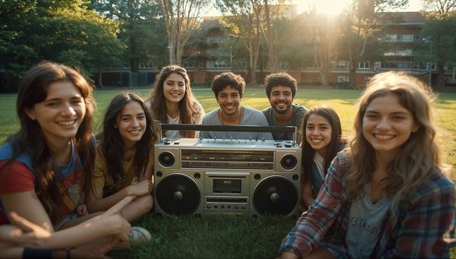 Teenagers enjoying vintage boombox tunes on campus lawn