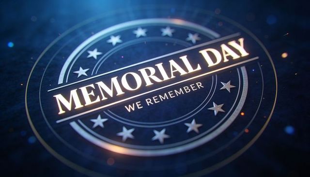 Memorial day commemorative emblem with metallic glow, stars and navy bokeh badge