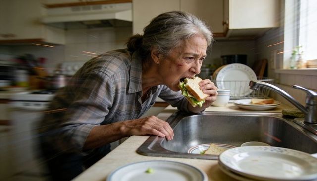 Aging woman leaning over kitchen sink biting sandwich with determined expression in rustic kitchen