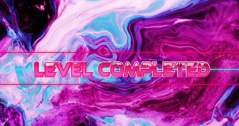 Retro Futuristic Level Completed Graphic with Pink and Blue Waves