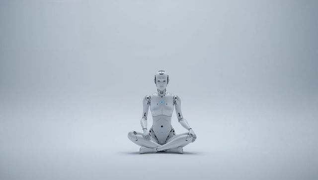 Sitting futuristic humanoid robot meditating with blue led indicator in minimal studio