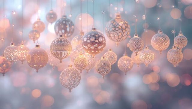Hanging ornate holiday baubles casting warm glow with filigree lights