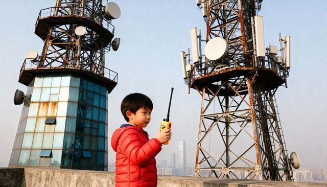 Asian child holding yellow walkie-talkie on rooftop beside cell towers and urban skyline