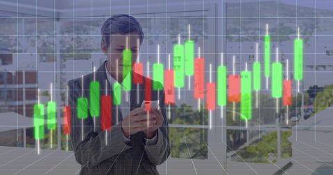 Mature businesswoman analyzing candlestick stock chart overlay on smartphone in office