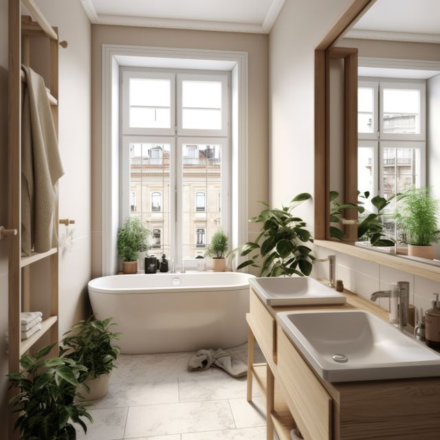 Bright modern bathroom with large window and view to street, created using generative ai technology. Contemporary bathroom interior design and natural light concept digitally generated image.
