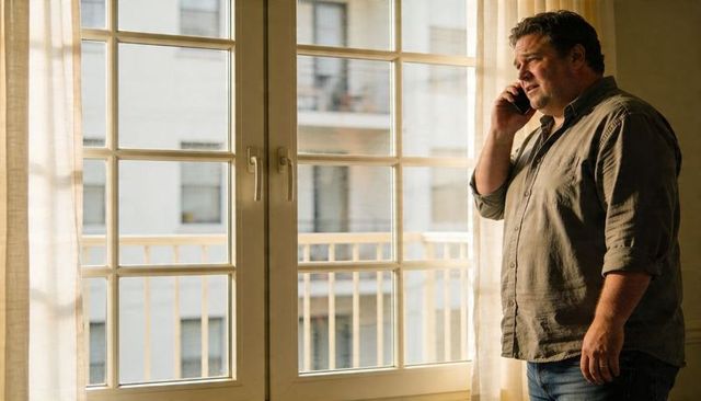 Man talking on smartphone by balcony window in sunlit urban apartment interior