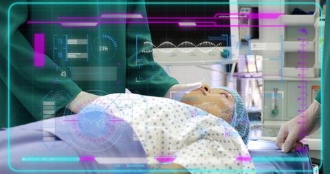 Surgical team monitoring patient with augmented reality hud during operation in modern or