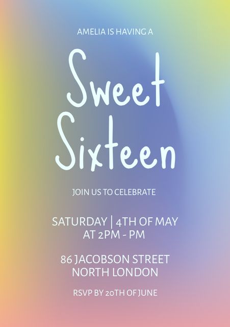 Ideal for personalizing a Sweet Sixteen birthday party invite. Features soft pastel gradient background with elegant white text, providing an inviting feel for celebrating a teenager's special day. Suitable for digital or printed invitations, social media announcements, and event marketing materials.