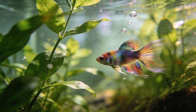Rainbow betta swimming through planted aquascape with rising bubbles and iridescent fins