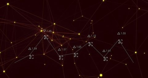Pulsing Network Graph Visualizing Data Connections with Glowing Nodes and Metric Annotations