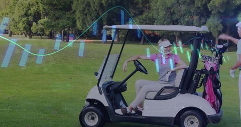 Smiling Golfer Relaxing on White Golf Cart in Beautiful Outdoors